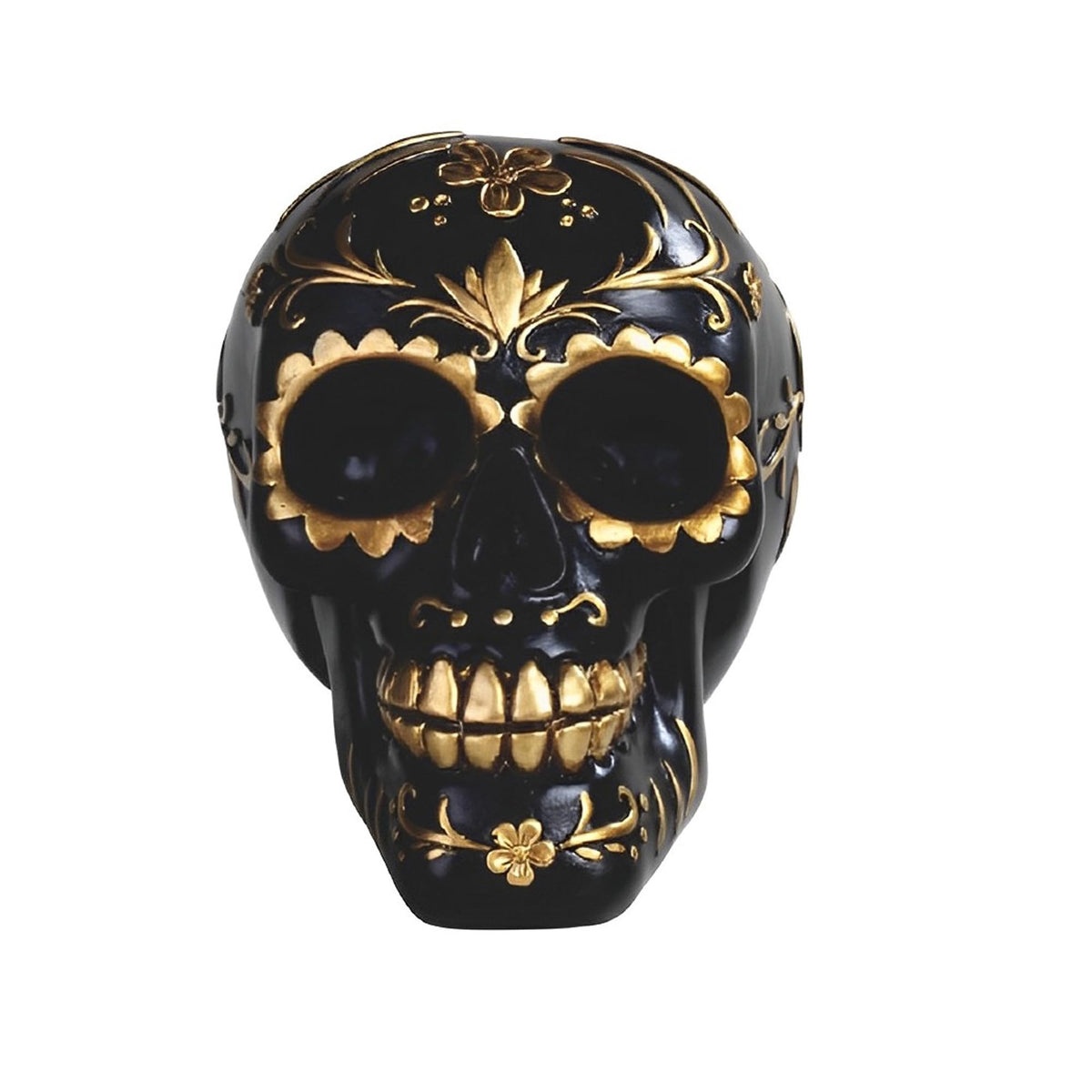 ICE ARMOR 6.25" W Day of The Dead Floral Skull Black Sugar Skull Tattoo in Gold Statue Fantasy Decoration Figurine