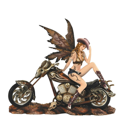 ICE ARMOR 13" W Brown Cowgirl Fairy on Motorcycle Statue Fantasy Decoration Figurine