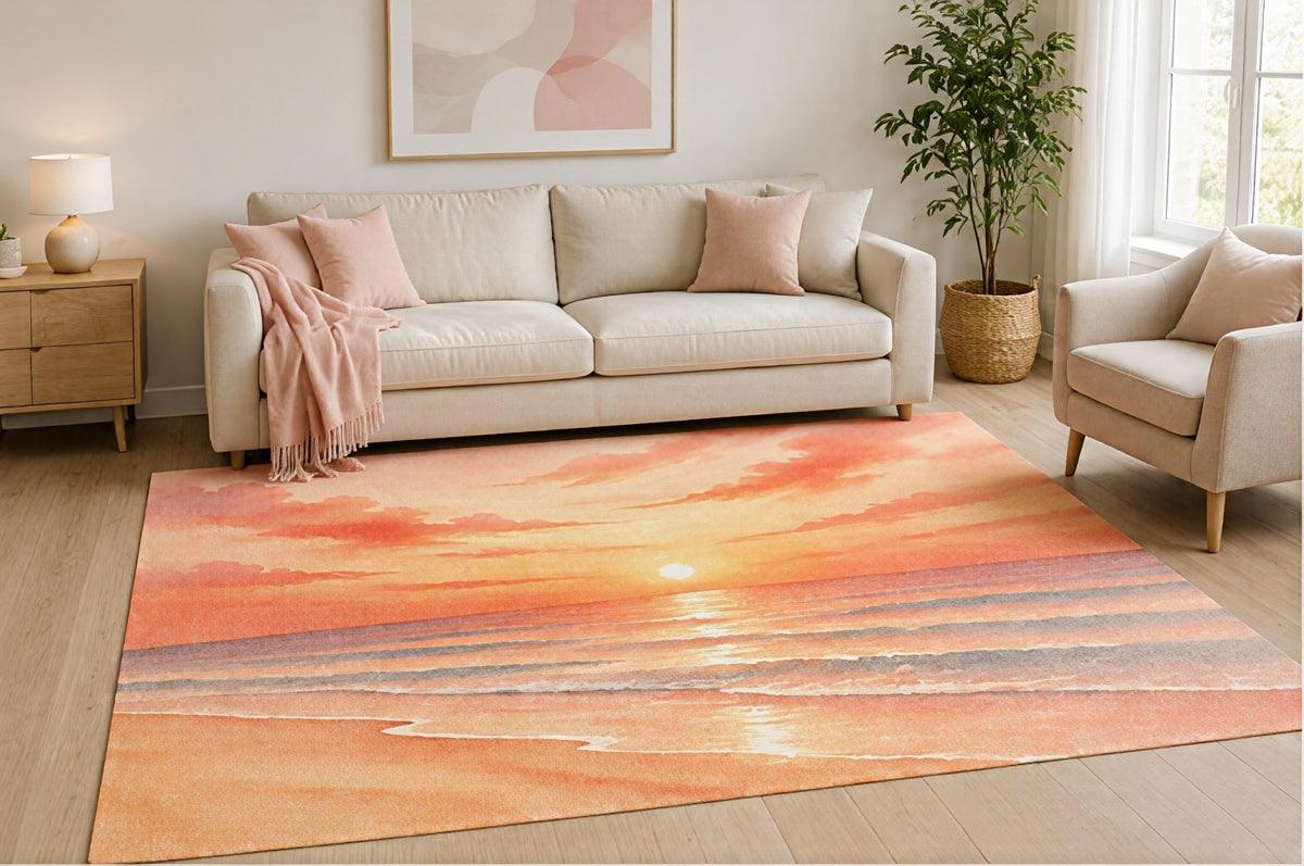 ICE ARMOR 5' x 7' Sunset Beach Area Rug, Coastal Ocean Horizon Watercolor Landscape for Living Room Bedroom Guest Room, Non-Slip Silicone Backing, Low Pile Carpet
