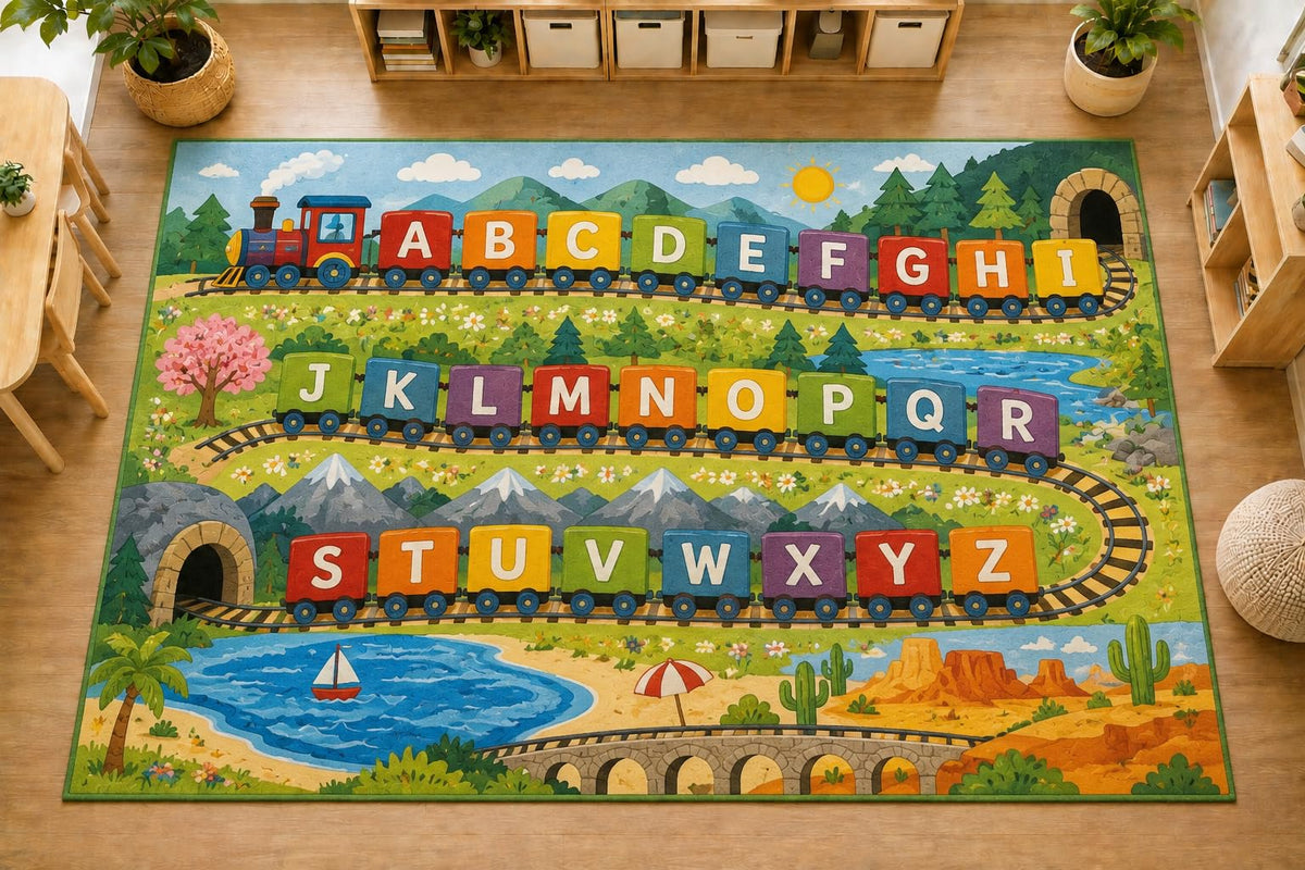 ICE ARMOR Large 6'7" x 9'10" Alphabet Train Kids Area Rug, Soft Low Pile Indoor Rug with Non-Slip Silicone Backing for Nursery Playroom, Green