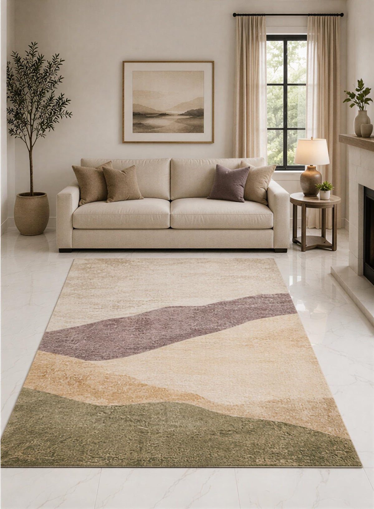 ICE ARMOR "Ultra Lightweight 5' x 7' Ivory and Olive Layered Hills Abstract Area Rug for Living Room, Bedroom and Home Office, Soft Low Pile Carpet with Non-Slip Silicone Backing