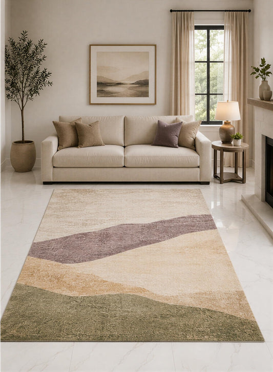 ICE ARMOR "Ultra Lightweight 5' x 7' Ivory and Olive Layered Hills Abstract Area Rug for Living Room, Bedroom and Home Office, Soft Low Pile Carpet with Non-Slip Silicone Backing