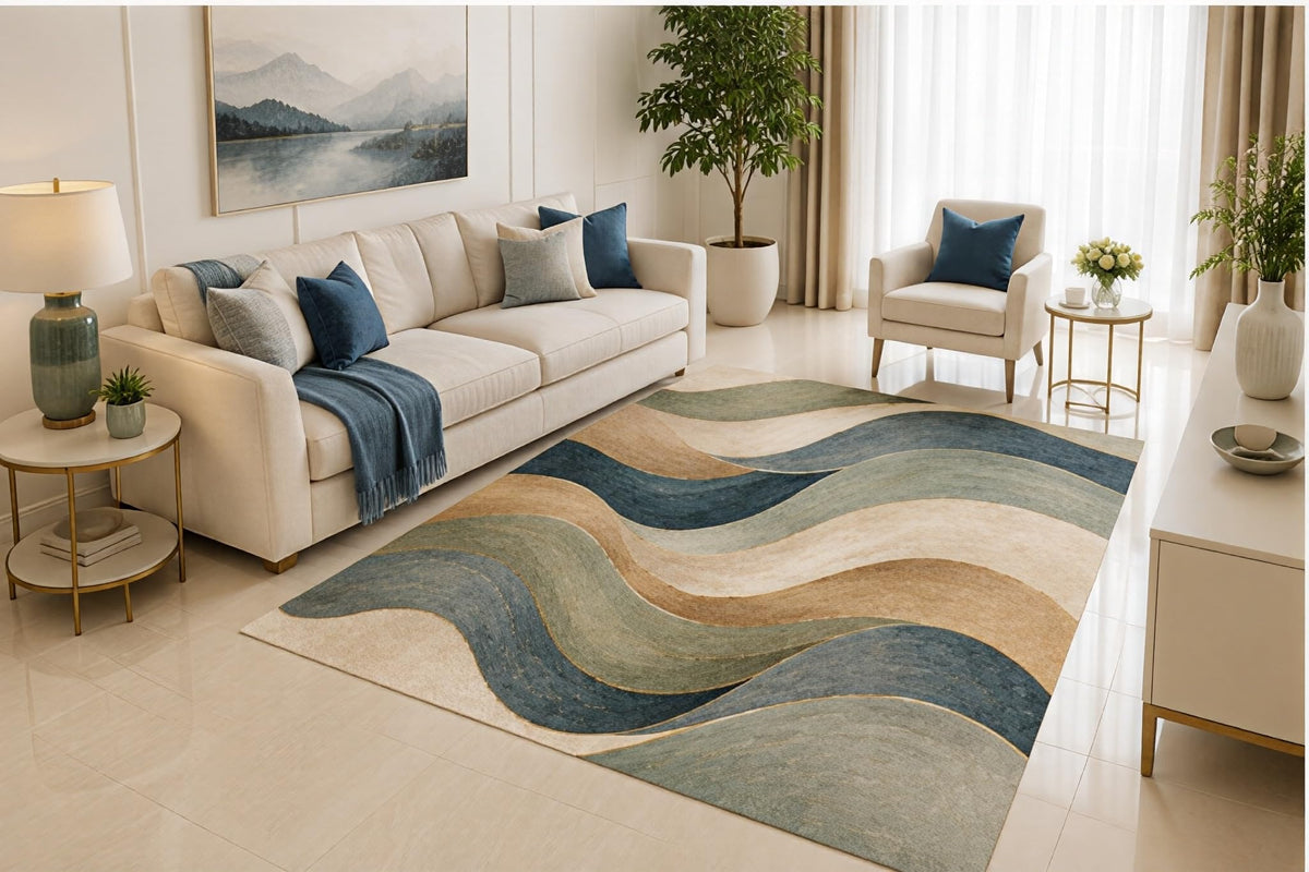 ICE ARMOR 5' x 7' Modern Wave Area Rug, Blue Beige Abstract Flowing Curves Design for Living Room Bedroom Office, Non-Slip Silicone Backing, Low Pile Carpet