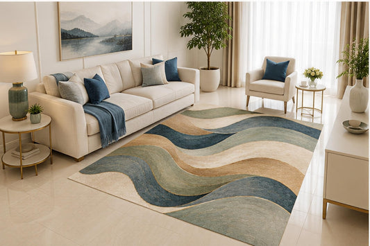 ICE ARMOR 5' x 7' Modern Wave Area Rug, Blue Beige Abstract Flowing Curves Design for Living Room Bedroom Office, Non-Slip Silicone Backing, Low Pile Carpet