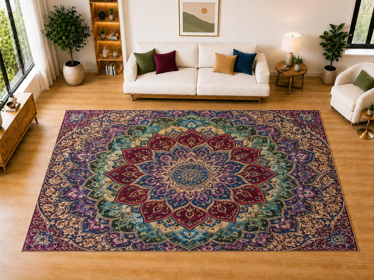 ICE ARMOR "Ultra Light Weight Large 6'7" x 9'10" Regal Jewel Mandala Area Rug for Living Room, Bedroom, Dining Room, Soft Low Pile Non-Slip Backing, Burgundy Teal Purple Golden
