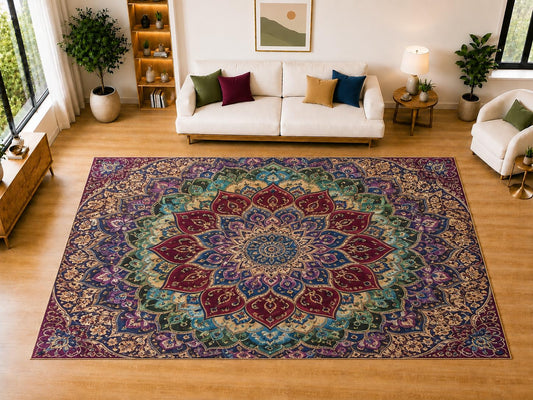 ICE ARMOR "Ultra Light Weight Large 6'7" x 9'10" Regal Jewel Mandala Area Rug for Living Room, Bedroom, Dining Room, Soft Low Pile Non-Slip Backing, Burgundy Teal Purple Golden