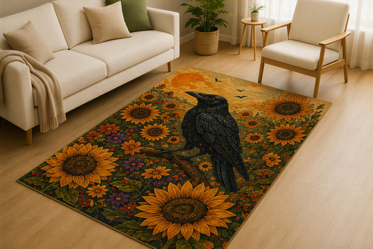 ICE Armor 5' x 7' Raven Sunflower Area Rug for Living Room, Soft Low Pile Indoor Rug with Non-Slip Silicone Backing, Rustic Wildlife Carpet for Bedroom, Office, Family Room, Kids & Pets, Yellow Green