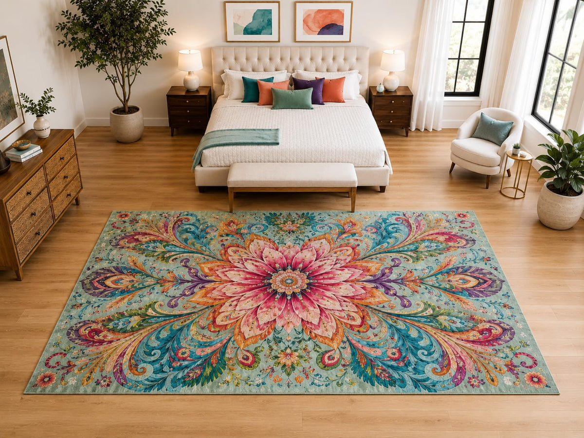 ICE ARMOR "Ultra Light Weight Large 6'7" x 9'10" Floral Mandala Rug, Soft Low Pile Indoor Rug, Non-Slip Silicone Backing for Living Room Teal