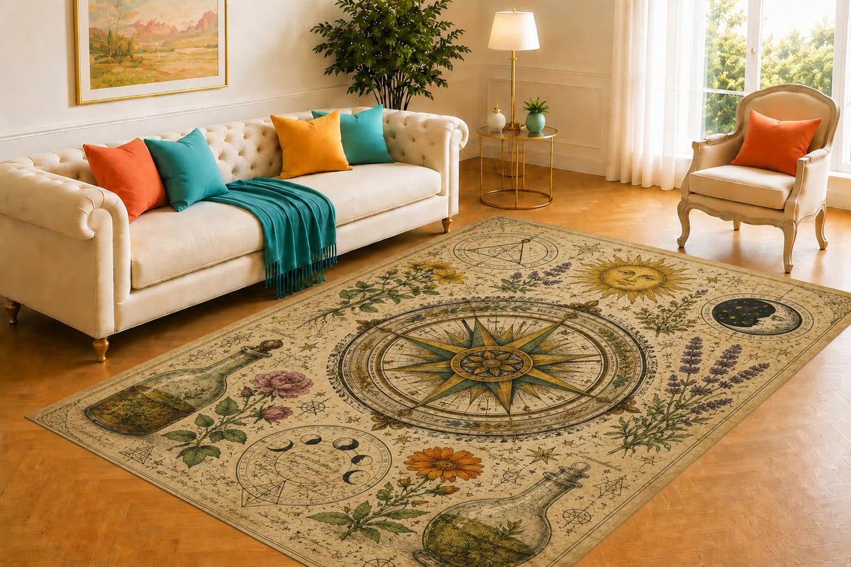 ICE ARMOR 5' x 7' Alchemy Compass Rug, Sun Moon Bottle and Botanical Chart, Smooth Printed Floor Cover for Study, Library, Office and Mystical Home Decor