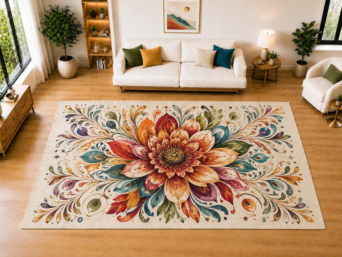 ICE ARMOR "Ultra Light Weight Large 6'7" x 9'10" Vibrant Floral Bloom Area Rug for Living Room, Bedroom, Dining Room, Soft Low Pile Non-Slip Backing, Coral Teal Burgundy