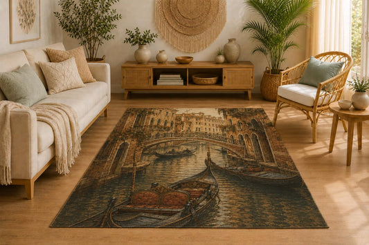 ICE ARMOR 5' x 7' Vintage Venice Canal Area Rug, Soft Low Pile Indoor Rug with Non-Slip Silicone Backing, Decorative Carpet for Living Room, Bedroom, Dining Room, Office, Gondola Scene
