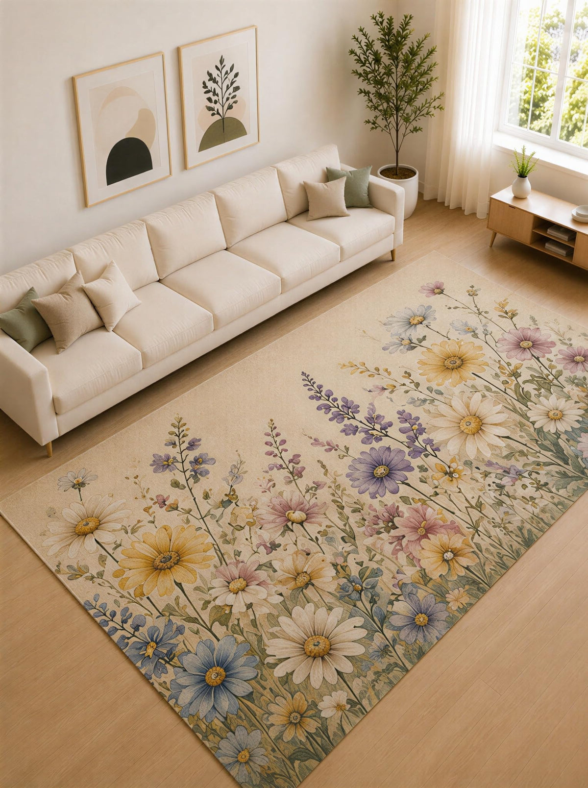 ICE ARMOR Large 6'7" x 9'10" Yellow and Ivory Daisy Meadow Area Rug for Living Room, Soft Low Pile Carpet with Non-Slip Silicone Backing, Decor for Bedroom and Home Office