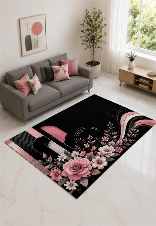 ICE ARMOR "Ultra Lightweight 5' x 7' Pink and Black Modern Floral Wave Area Rug for Living Room, Bedroom and Home Office, Soft Low Pile Carpet with Non-Slip Silicone Backing