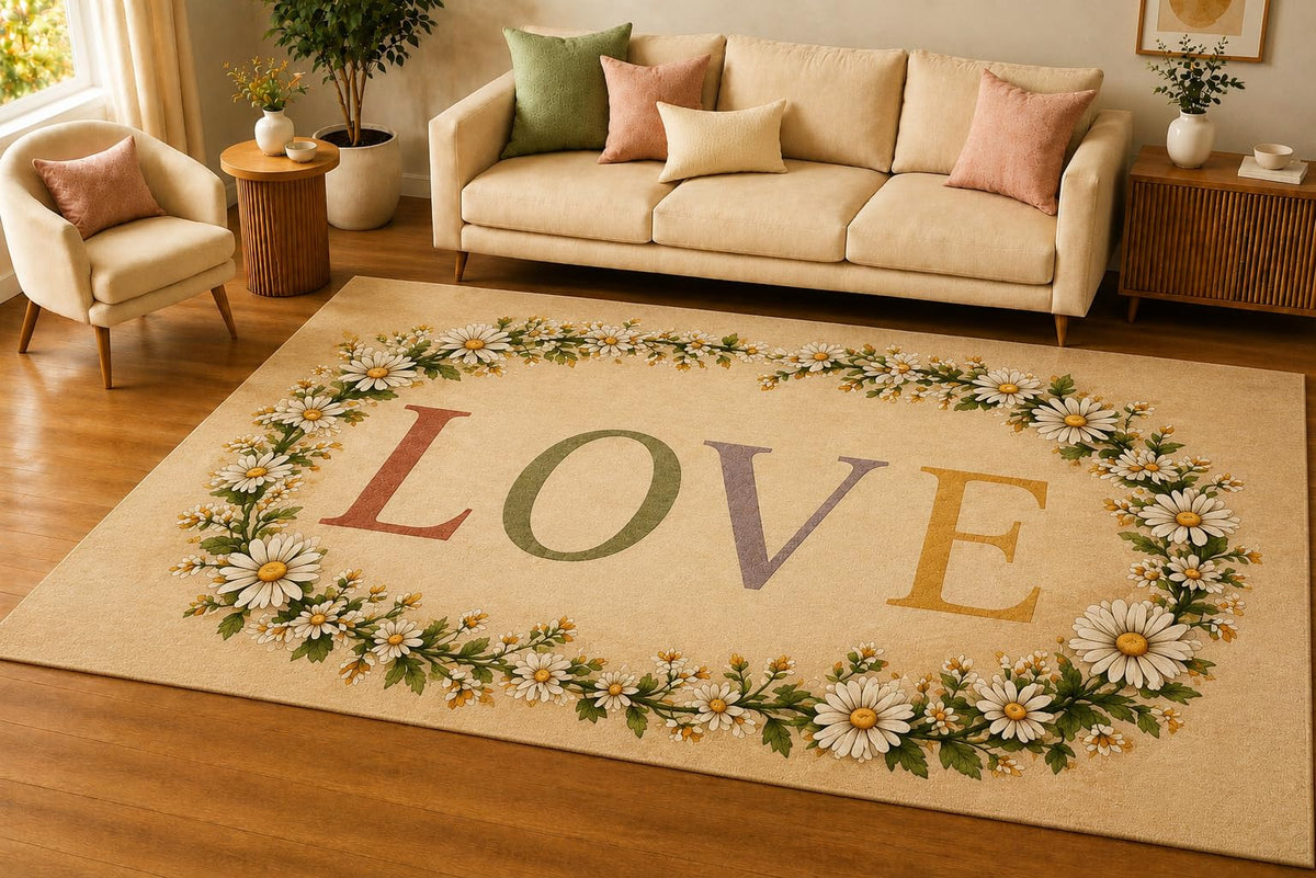 ICE ARMOR 5' x 7' Daisy Wreath Love Area Rug, Soft Low Pile Indoor Rug with Non-Slip Silicone Backing, Decorative Carpet for Living Room, Bedroom, Nursery, Kids & Pets, Ivory