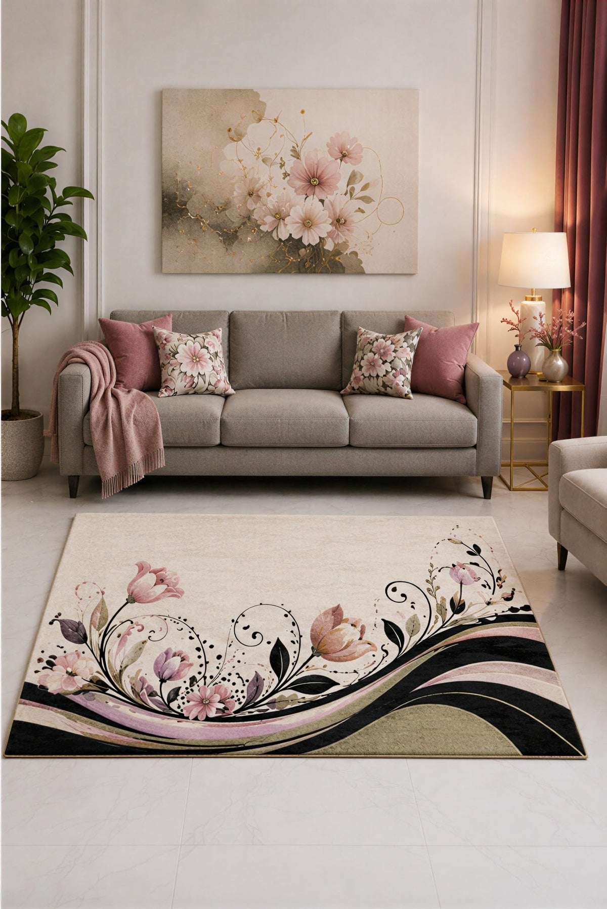 ICE ARMOR "Ultra Lightweight 5' x 7' Blush and Black Tulip Scroll Wave Area Rug for Living Room, Bedroom and Home Office, Soft Low Pile Carpet with Non-Slip Silicone Backing