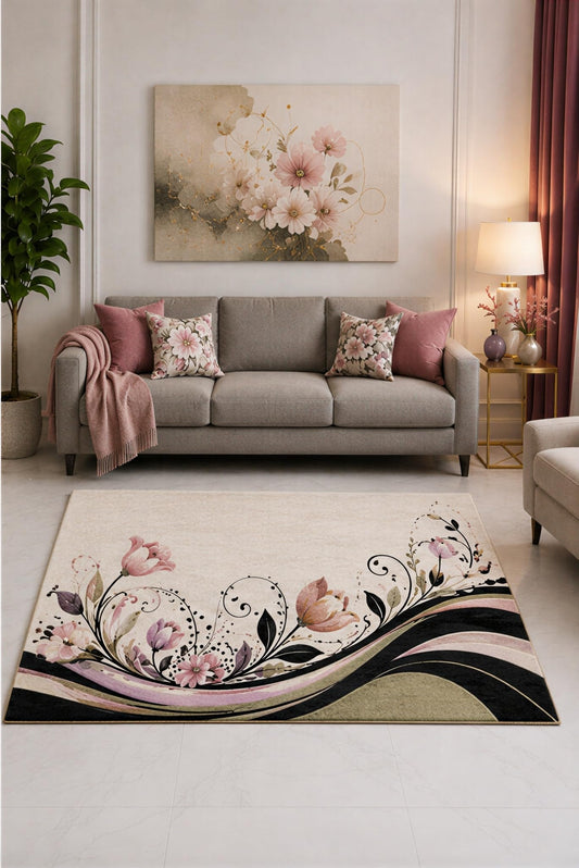 ICE ARMOR "Ultra Lightweight 5' x 7' Blush and Black Tulip Scroll Wave Area Rug for Living Room, Bedroom and Home Office, Soft Low Pile Carpet with Non-Slip Silicone Backing