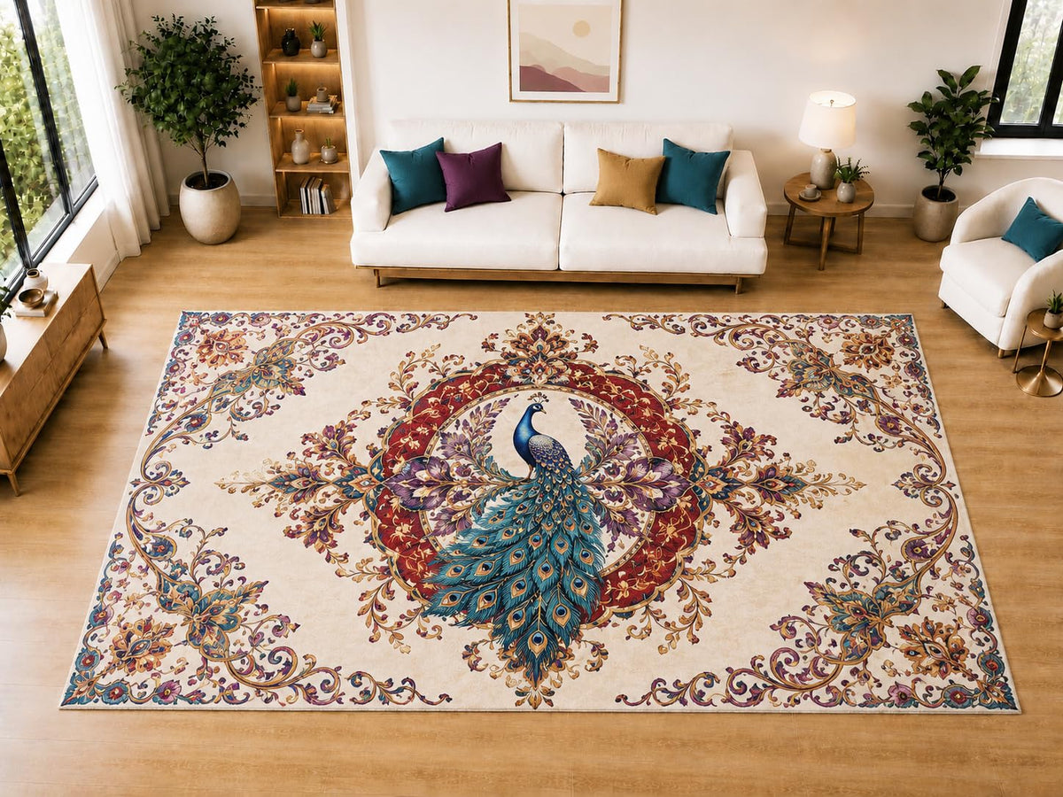 ICE ARMOR "Ultra Light Weight Large 6'7" x 9'10" Royal Peacock Wreath Area Rug for Living Room, Bedroom, Dining Room, Soft Low Pile Non-Slip Backing, Ivory Teal Burgundy Purple