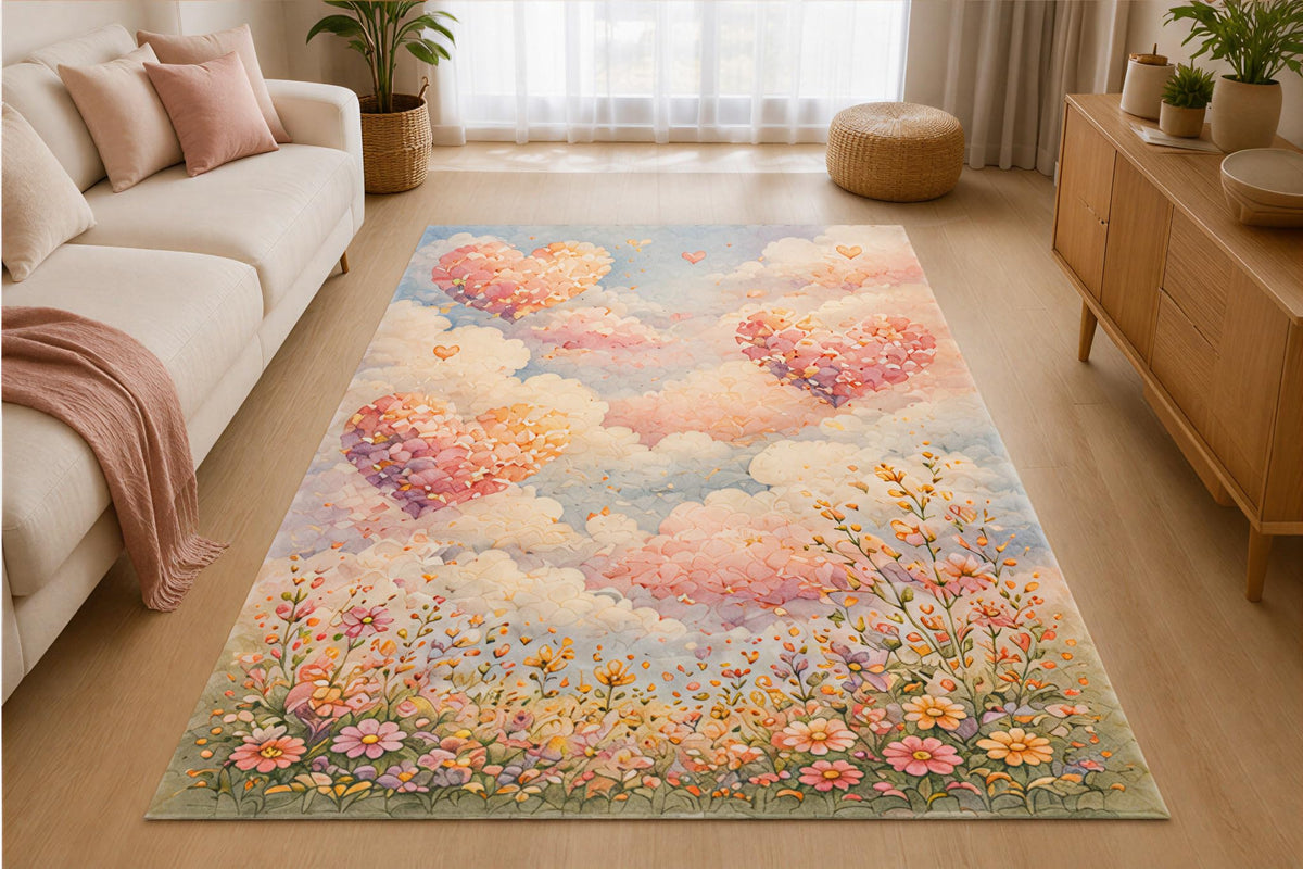 ICE ARMOR 5' x 7' Floral Heart Clouds Area Rug for Living Room, Soft Low Pile Indoor Rug with Non-Slip Silicone Backing, Dreamy Decorative Carpet for Bedroom, Nursery, Kids Room, Cream Blue