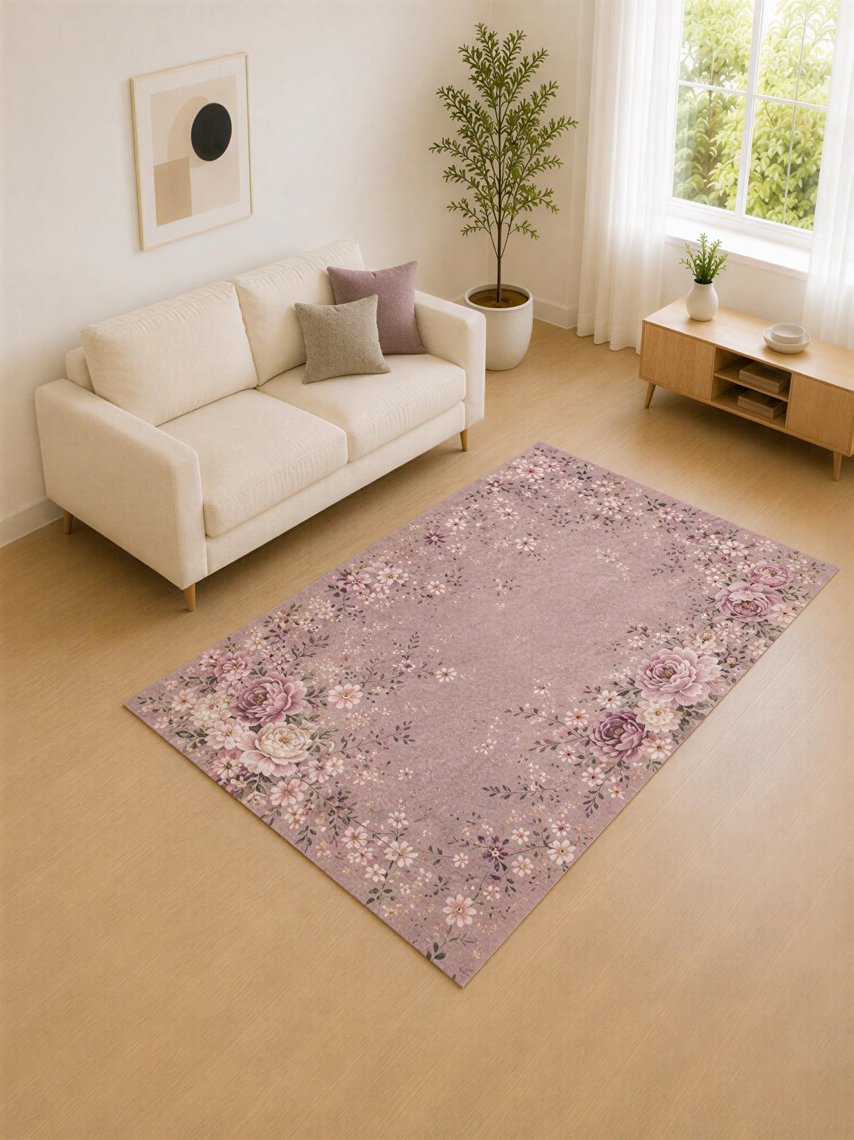 ICE ARMOR "Ultra Lightweight 5' x 7' Dusty Mauve and Cream Flower Border Area Rug for Living Room, Bedroom and Home Office, Soft Low Pile Carpet with Non-Slip Silicone Backing