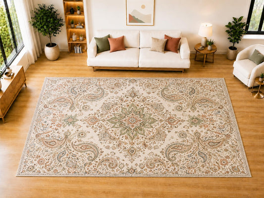 ICE ARMOR "Ultra Light Weight Large 6'7" x 9'10" Faded Paisley Medallion Area Rug for Living Room, Bedroom, Dining Room, Soft Low Pile Non-Slip Backing, Beige Sage Rust