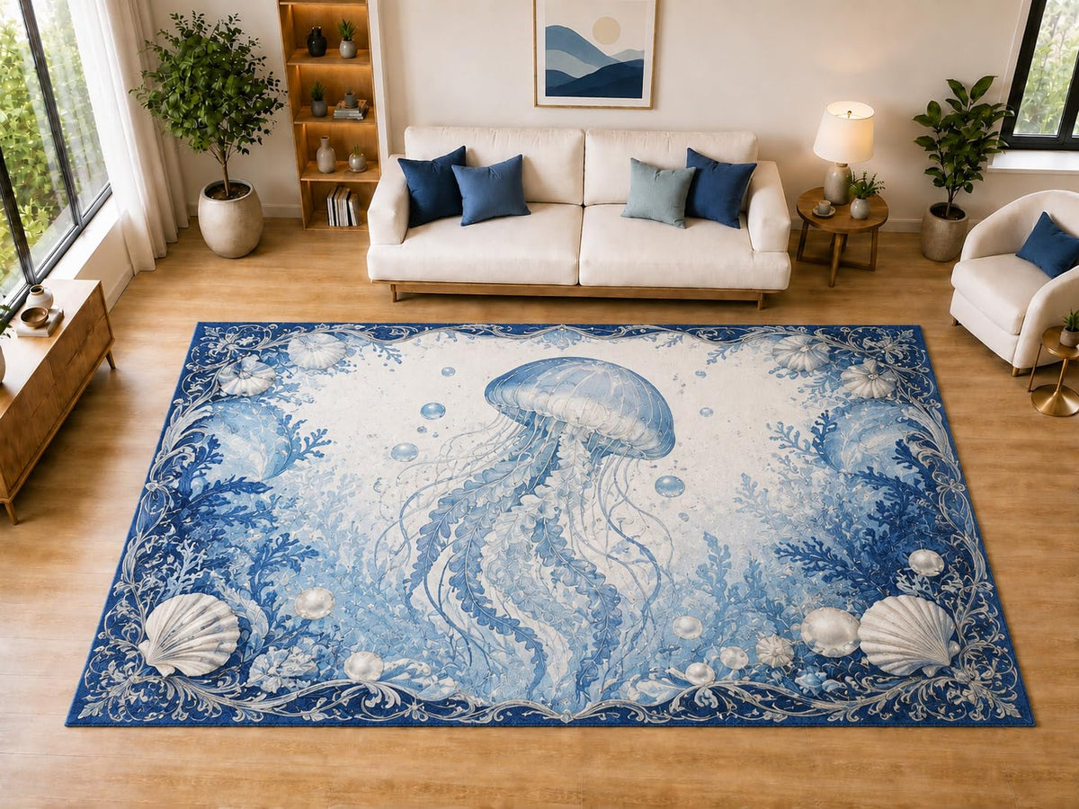 ICE ARMOR "Ultra Light Weight Large 6'7" x 9'10" Blue Jellyfish Coral Ocean Area Rug for Living Room, Bedroom, Dining Room, Soft Low Pile Non-Slip Backing, Navy Blue