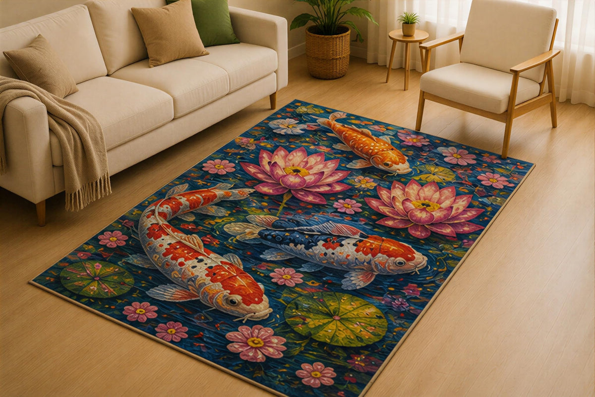 ICE ARMOR 5' x 7' Koi Fish Lotus Pond Area Rug for Living Room, Soft Low Pile Indoor Rug with Non-Slip Silicone Backing, Japanese Water Garden Carpet for Bedroom, Family Room, Blue Pink