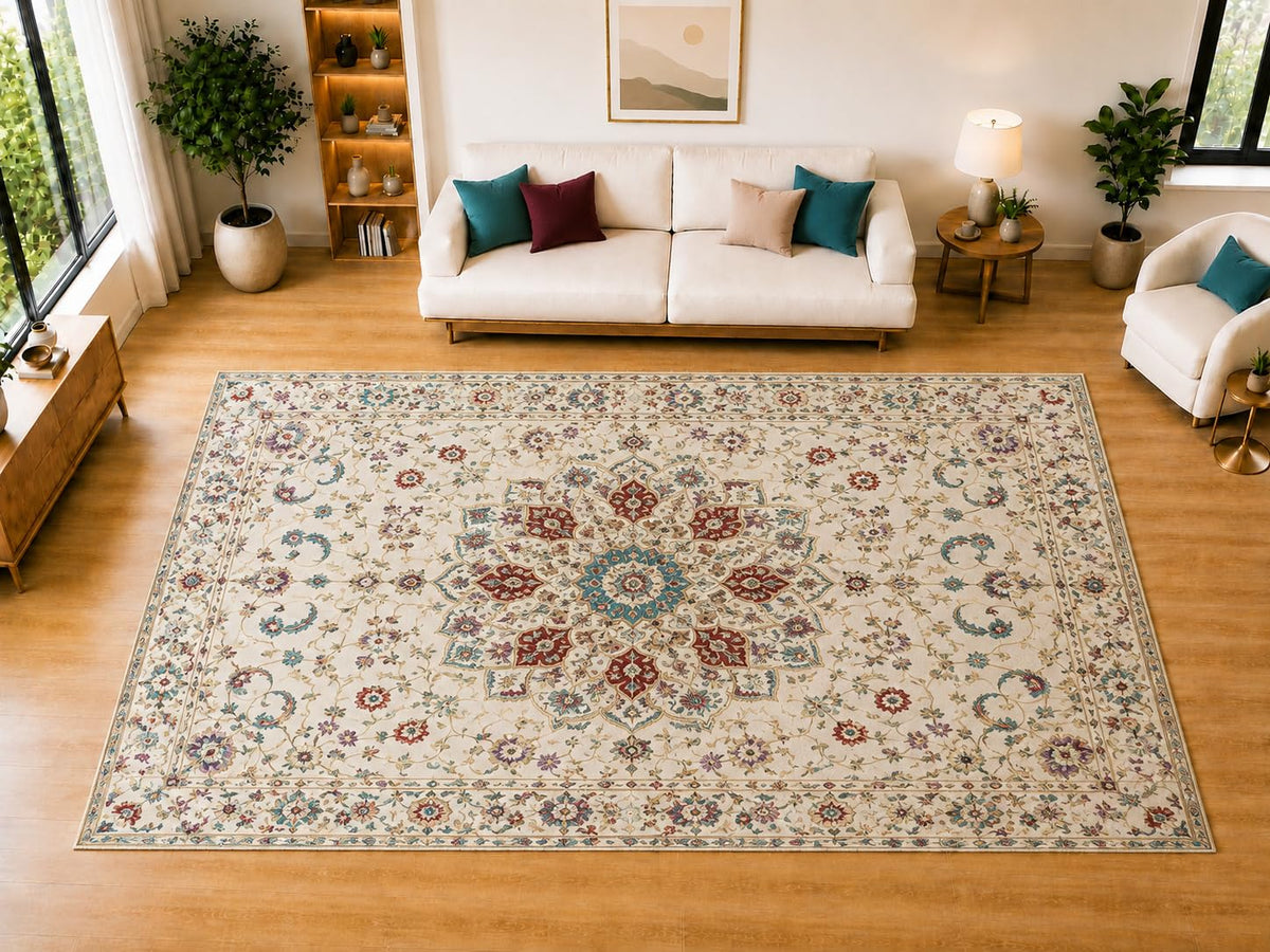 ICE ARMOR "Ultra Light Weight Large 6'7" x 9'10" Ivory Classic Medallion Area Rug for Living Room, Bedroom, Dining Room, Soft Low Pile Non-Slip Backing, Ivory Teal Burgundy