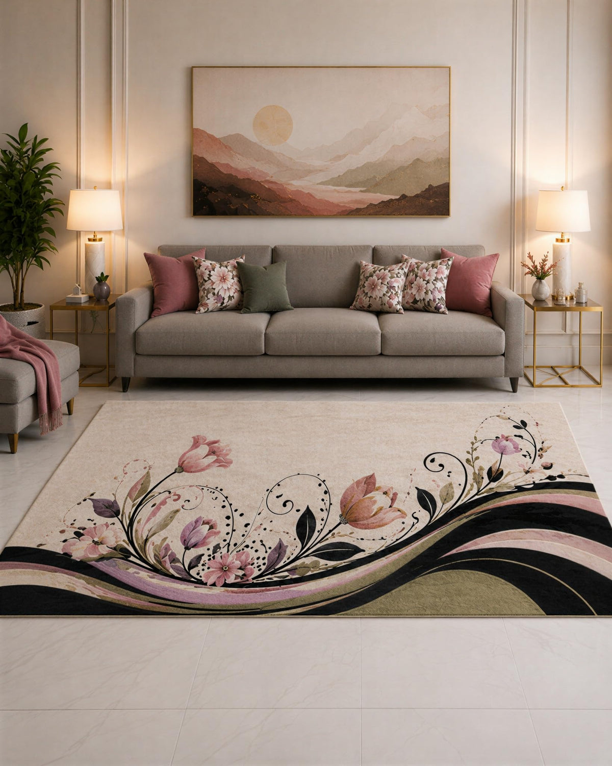 ICE ARMOR "Ultra Lightweight Large 6'7" x 9'10" Blush and Black Tulip Scroll Wave Area Rug for Living Room, Bedroom and Home Office, Soft Low Pile Carpet with Non-Slip Silicone Backing