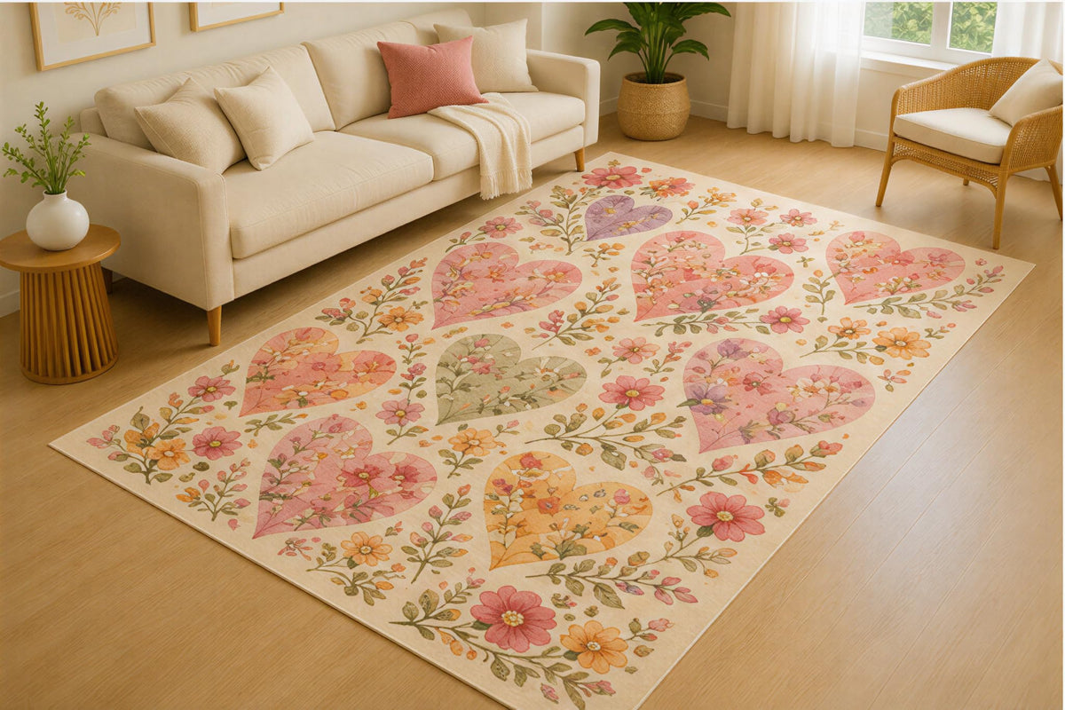 ICE ARMOR 5' x 7' Pastel Floral Heart Pattern Area Rug for Living Room, Soft Low Pile Indoor Rug with Non-Slip Silicone Backing Carpet for Bedroom, Nursery, Kids Room, Playroom, Kids & Pets