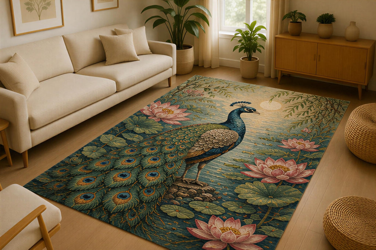 ICE ARMOR 5' x 7' Peacock Botanical Garden Area Rug for Living Room, Soft Low Pile Indoor Rug with Non-Slip Silicone Backing, Elegant Floral Decor for Bedroom, Dining Room, Family Room, Teal