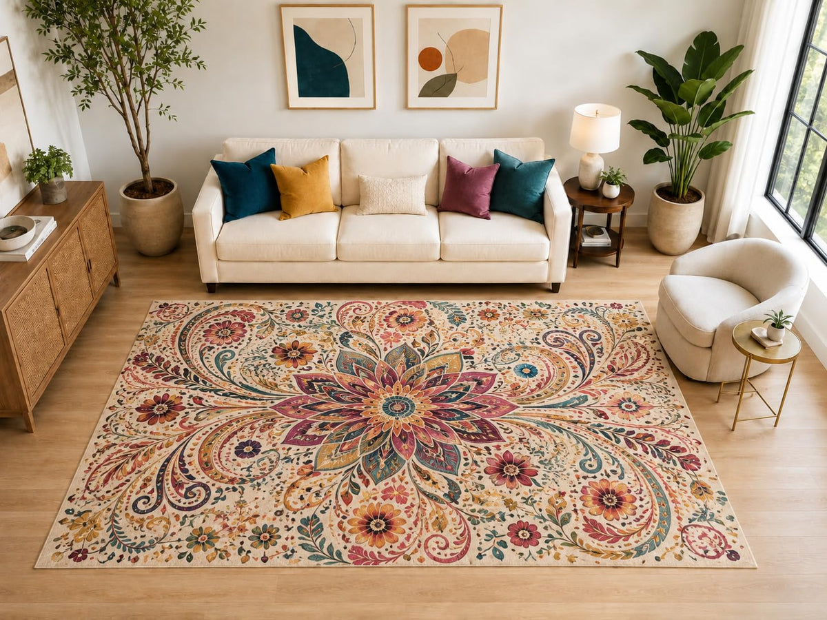 ICE ARMOR "Ultra Light Weight Large 6'7" x 9'10" Boho Paisley Mandala Rug, Soft Low Pile Indoor Rug, Non-Slip Silicone Backing for Bedroom Beige