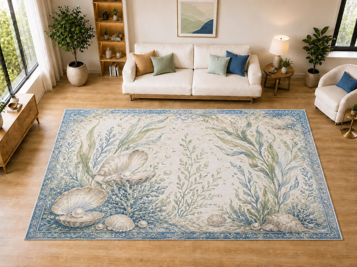 ICE ARMOR "Ultra Light Weight Large 6'7" x 9'10" Pearl Oyster Area Rug for Dining, Living Room, Bedroom, Soft Low Pile Indoor Rug with Non-Slip Silicone Backing, Blue Cream