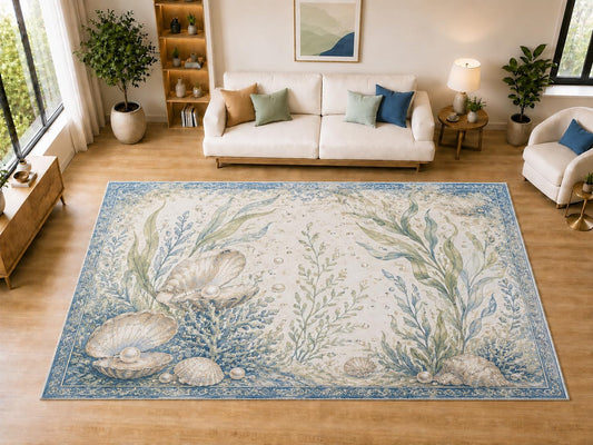 ICE ARMOR "Ultra Light Weight Large 6'7" x 9'10" Pearl Oyster Area Rug for Dining, Living Room, Bedroom, Soft Low Pile Indoor Rug with Non-Slip Silicone Backing, Blue Cream