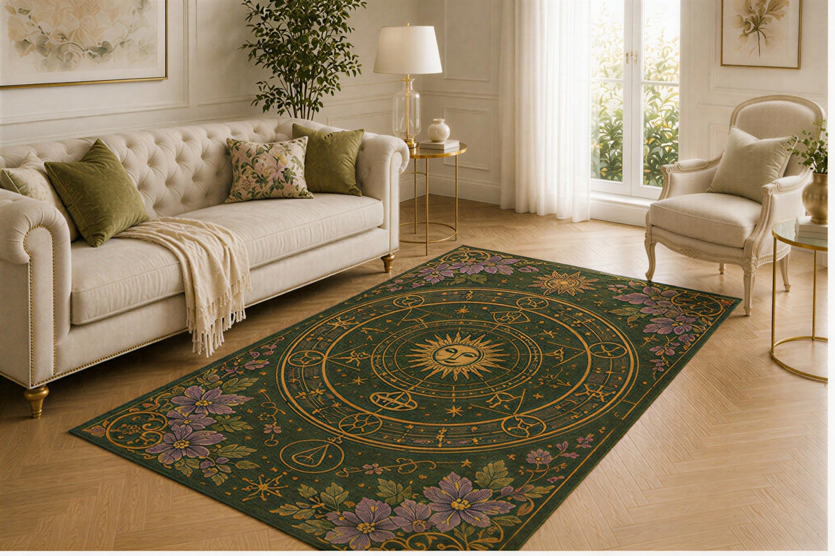 ICE ARMOR 5' x 7' Celestial Alchemy Rug, Sun Orbit and Floral Symbol Design, Smooth Printed Floor Cover for Bedroom, Study, Library and Mystical Home Decor