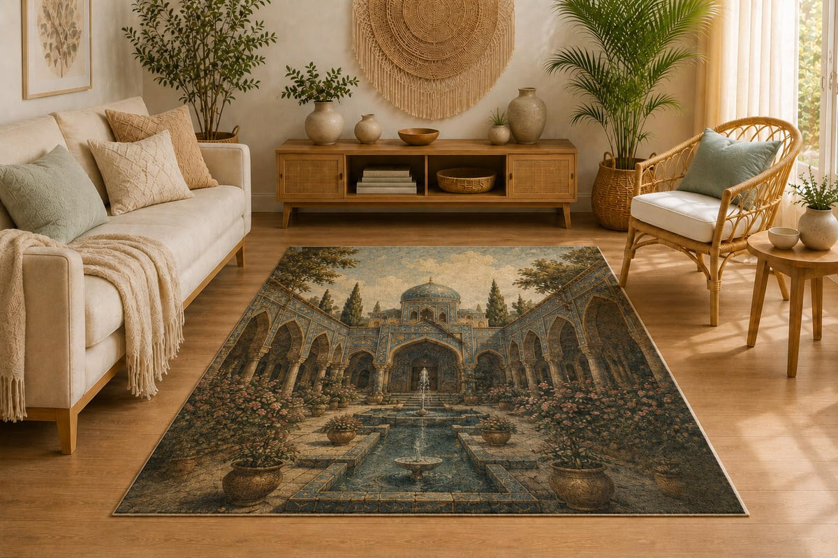 ICE ARMOR 5' x 7' Persian Courtyard Fountain Area Rug for Living Room, Soft Low Pile Indoor Rug with Non-Slip Silicone Backing, Carpet for Bedroom, Office, Blue