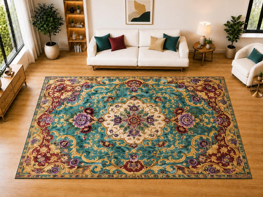 ICE ARMOR "Ultra Light Weight Large 6'7" x 9'10" Turquoise Palace Floral Area Rug for Living Room, Bedroom, Dining Room, Soft Low Pile Non-Slip Backing, Teal Burgundy Purple