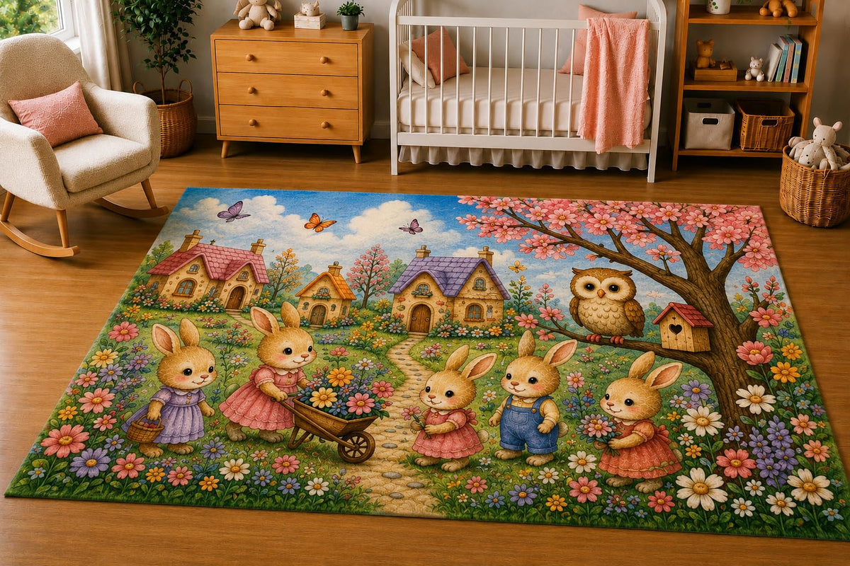 ICE ARMOR 5' x 7' Bunny Village Garden Area Rug, Soft Low Pile Indoor Rug with Non-Slip Silicone Backing, Nursery, Kids Room, Playroom, Kids & Pets, Beige Pink