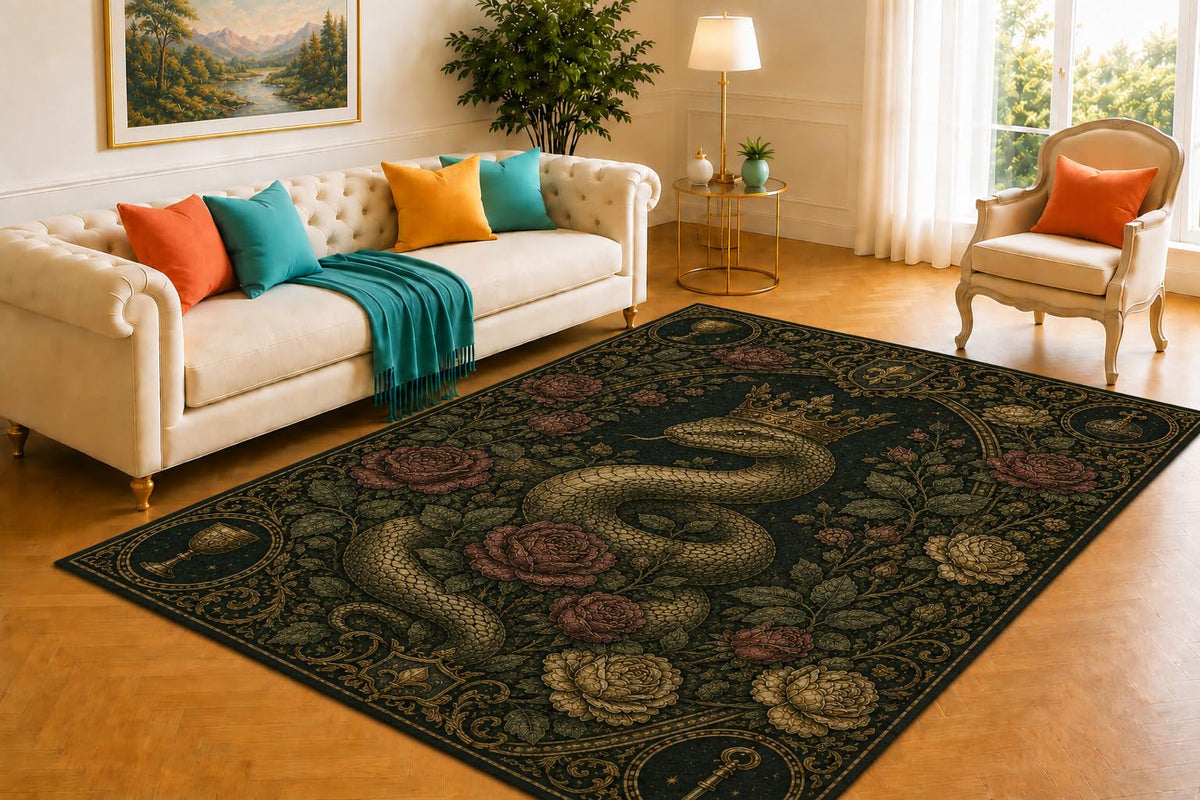 ICE ARMOR 5' x 7' Crowned Serpent Rug, Coiled Snake, Rose Garden and Royal Botanical Border Design, Smooth Printed Floor Cover for Bedroom, Study, Library and Gothic Home Decor