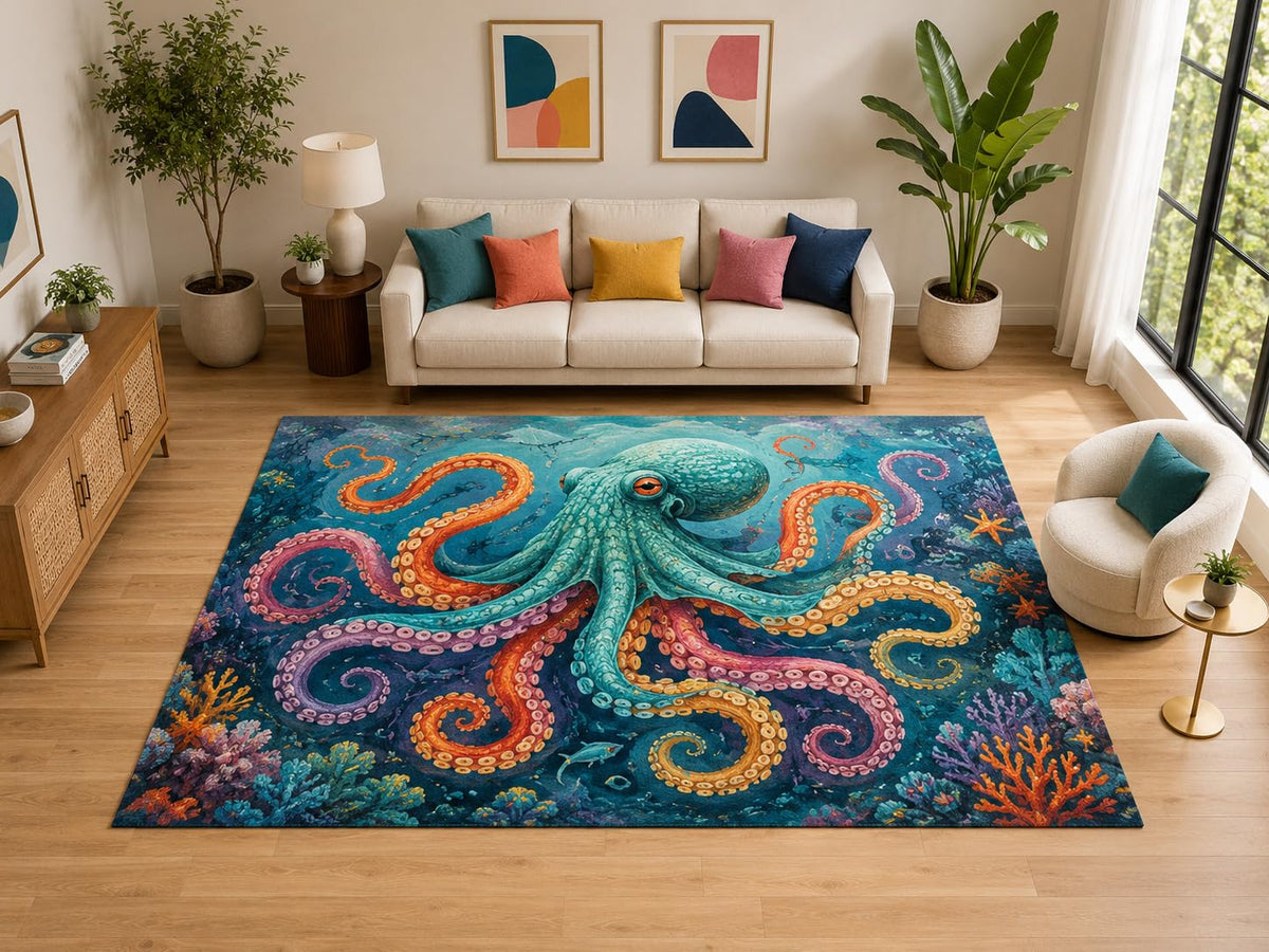 ICE ARMOR "Ultra Light Weight Large 6'7" x 9'10" Octopus Reef Rug Living Room, Soft Low Pile Indoor Rug and Non-Slip Silicone Backing, Teal