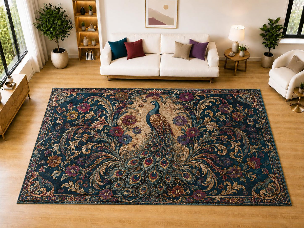 ICE ARMOR "Ultra Light Weight Large 6'7" x 9'10" Ornate Peacock Garden Area Rug for Living Room, Bedroom, Dining Room, Soft Low Pile Non-Slip Backing, Navy Burgundy Teal