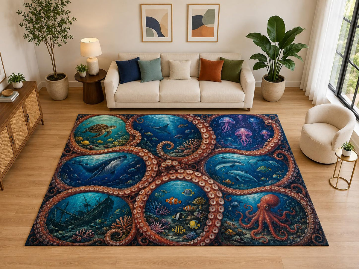 ICE ARMOR "Ultra Light Weight Large 6'7" x 9'10" Ocean Life Tentacle Collage Rug for Family Room, Soft Low Pile Indoor Rug and Non-Slip Silicone Backing, Blue