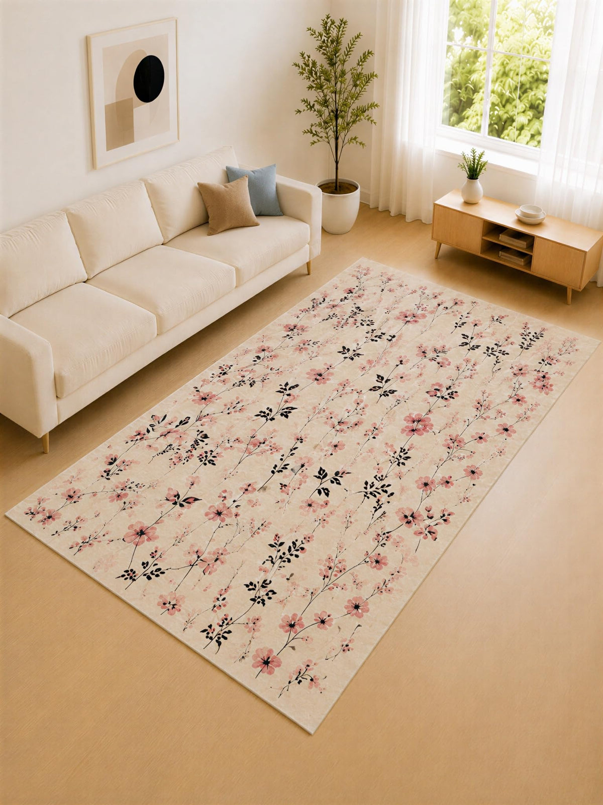 ICE ARMOR "Ultra Lightweight Large 6'7" x 9'10" Blush and Black Wildflower Branch Area Rug for Living Room, Bedroom and Home Office, Soft Low Pile Carpet with Non-Slip Silicone Backing