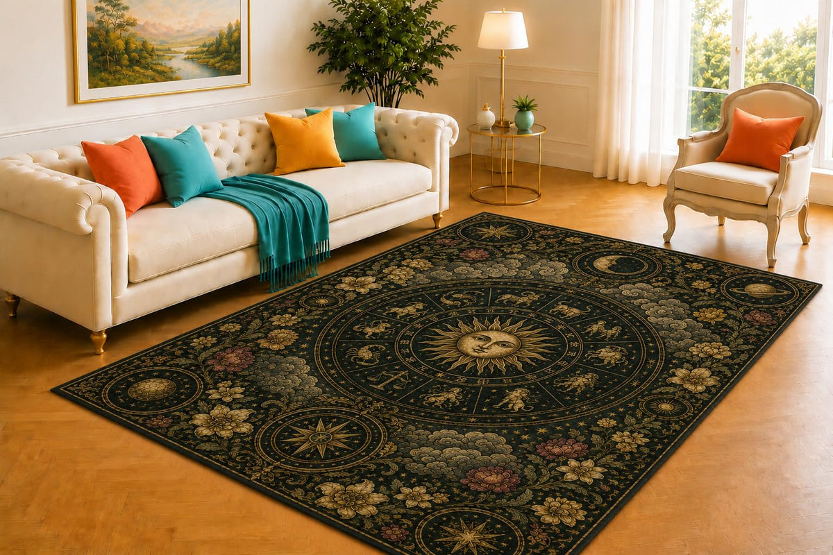 ICE ARMOR 5' x 7' Celestial Zodiac Rug, Sun Wheel, Astrology Symbols and Ornate Cloud Design, Smooth Printed Floor Cover for Bedroom, Study, Meditation Room and Mystical Home Decor