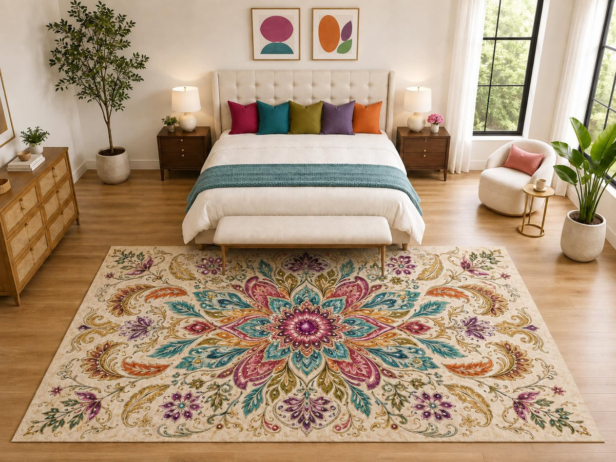 ICE ARMOR "Ultra Light Weight Large 6'7" x 9'10" Ornate Boho Floral Rug, Soft Low Pile Indoor Rug, Non-Slip Silicone Backing for Dining Room Cream