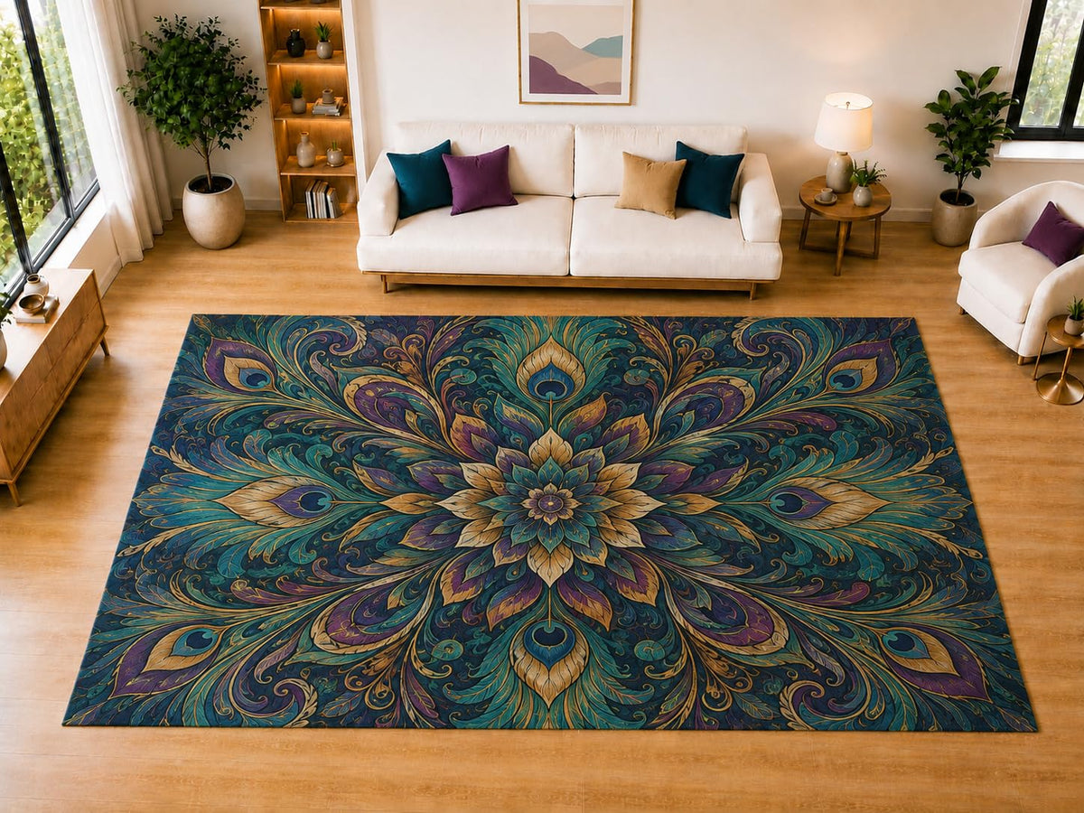 ICE ARMOR "Ultra Light Weight Large 6'7" x 9'10" Peacock Feather Floral Area Rug for Living Room, Bedroom, Dining Room, Soft Low Pile Non-Slip Backing, Teal Purple Navy