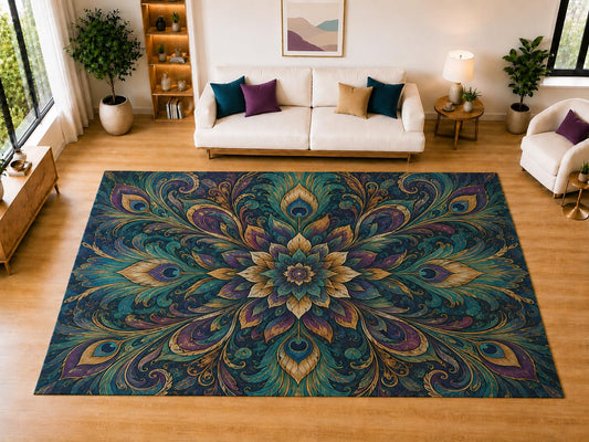 ICE ARMOR "Ultra Light Weight Large 6'7" x 9'10" Peacock Feather Floral Area Rug for Living Room, Bedroom, Dining Room, Soft Low Pile Non-Slip Backing, Teal Purple Navy