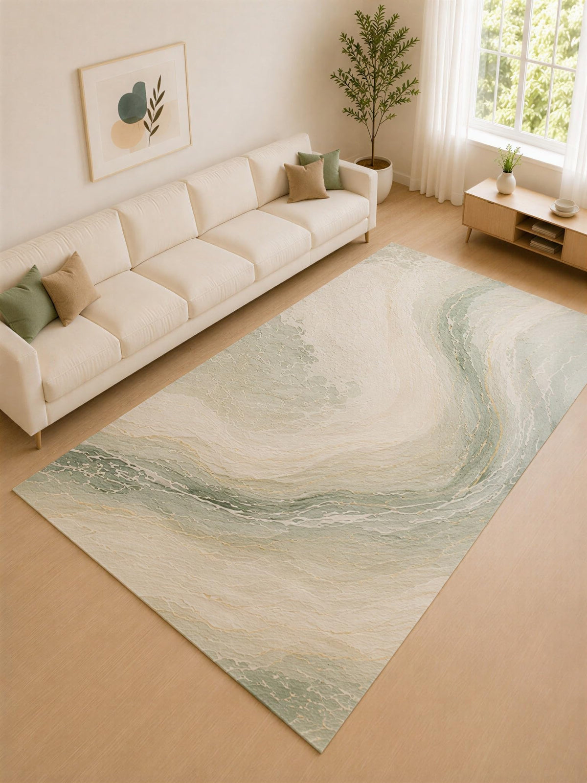 ICE ARMOR Large 6'7" x 9'10" Sage and Cream Gentle Current Area Rug for Living Room, Soft Low Pile Carpet with Non-Slip Silicone Backing, Decor for Bedroom and Home Office