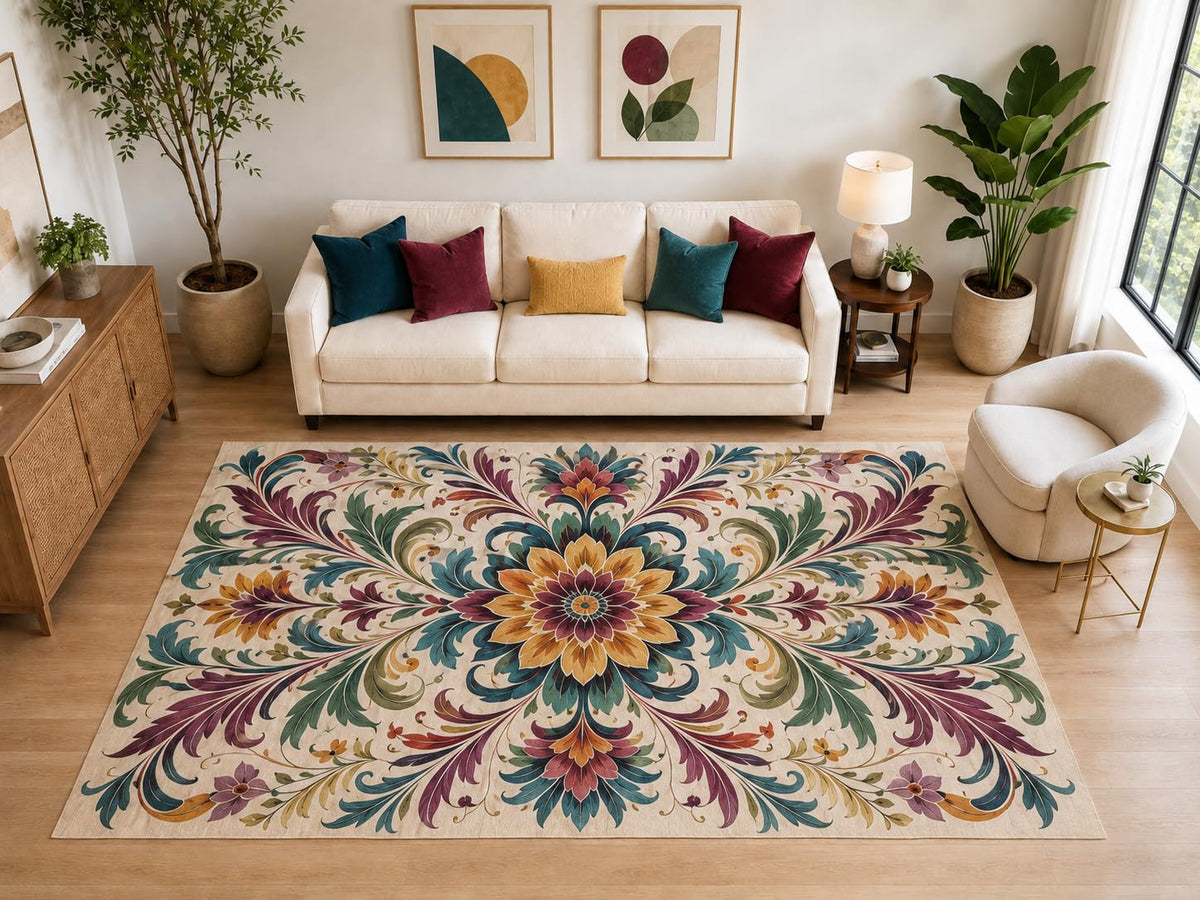 ICE ARMOR "Ultra Light Weight Large 6'7" x 9'10" Botanical Floral Rug, Soft Low Pile Indoor Rug, Non-Slip Silicone Backing for Living Room Beige