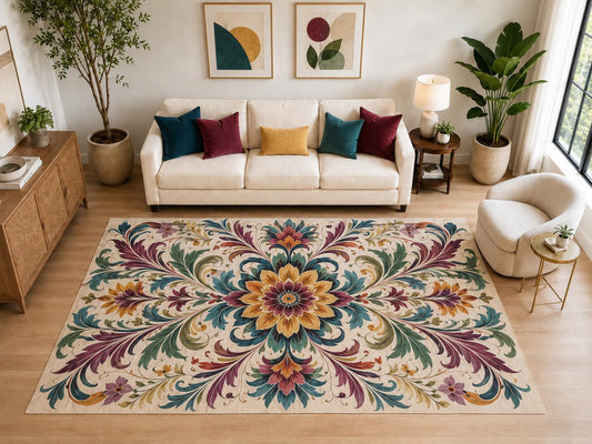 ICE ARMOR "Ultra Light Weight Large 6'7" x 9'10" Botanical Floral Rug, Soft Low Pile Indoor Rug, Non-Slip Silicone Backing for Living Room Beige