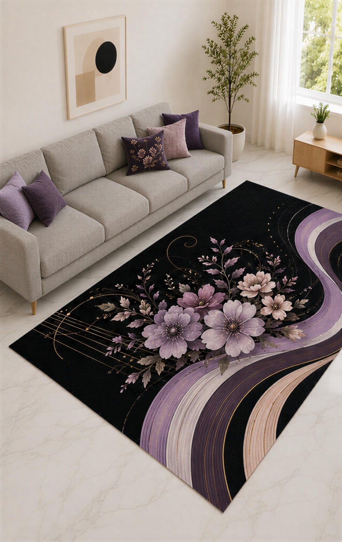 ICE ARMOR "Ultra Lightweight Large 6'7" x 9'10" Lilac and Black Flowing Petals Area Rug for Living Room, Bedroom and Home Office, Soft Low Pile Carpet with Non-Slip Silicone Backing